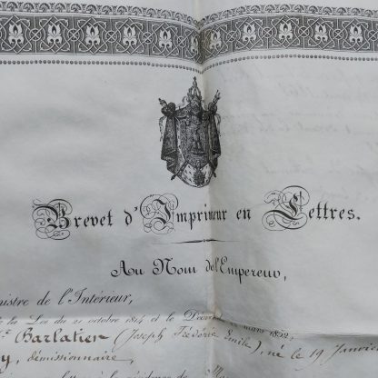 Brevet d'imprimeur en Lettres de Joseph Frédéric Emile Barlatier à Marseille.