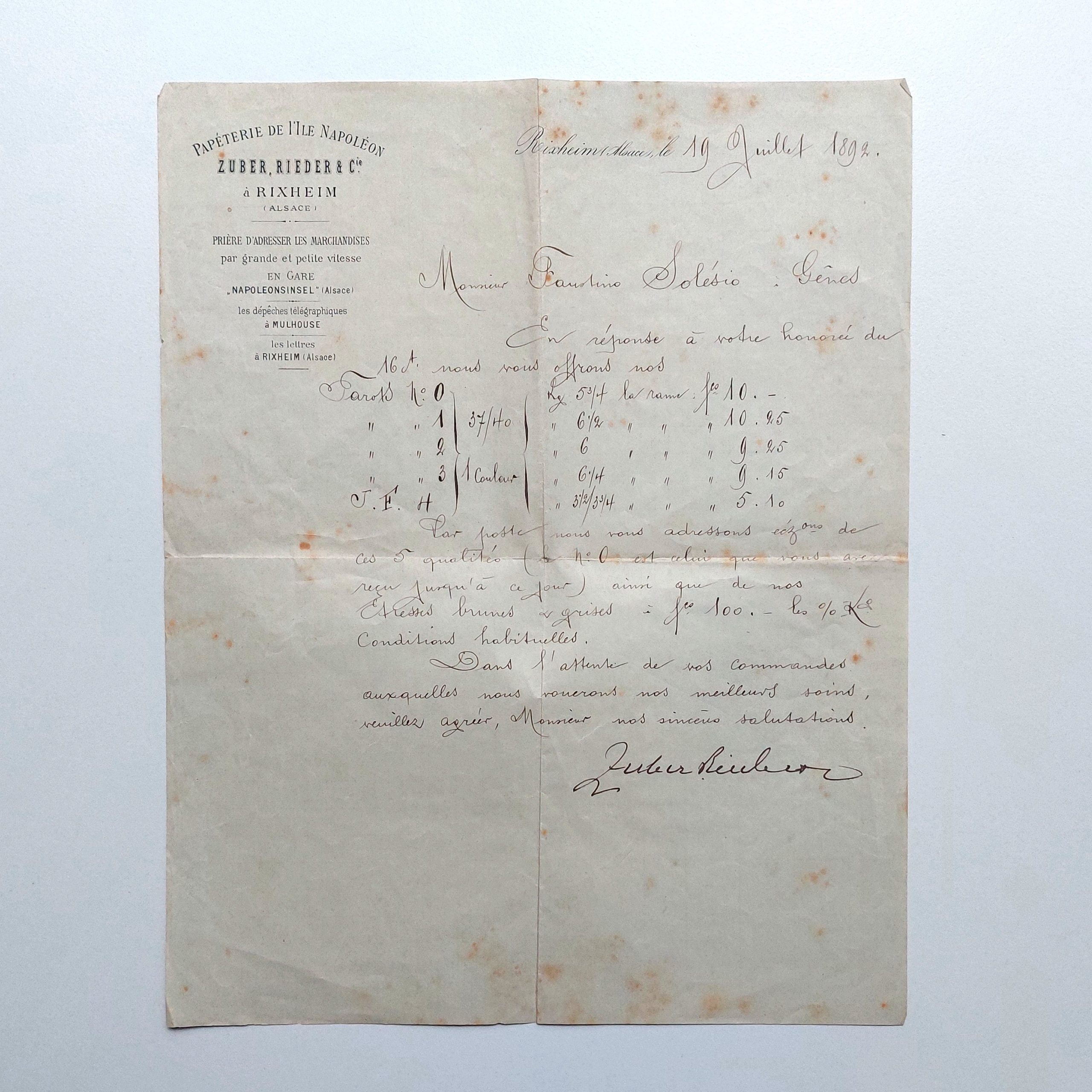 Ensemble d'échantillons et une lettre au cartier génois Faustino Solesio. – Image 2