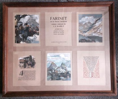 Panneau de présentation de l’ouvrage Farinet ou la fausse monnaie, roman valaisin de C.F. Ramuz.