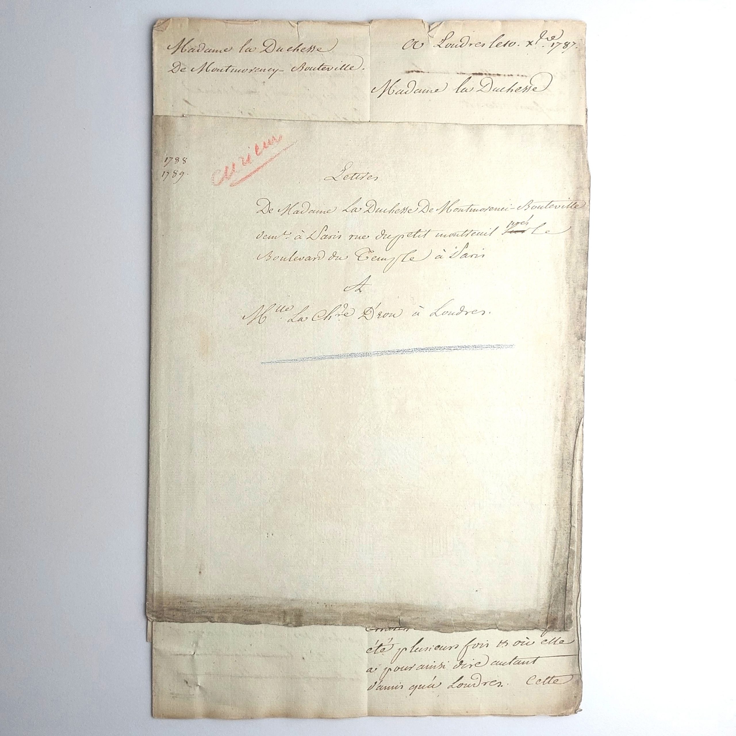 Minute autographe à la duchesse de Montmorency-Bouteville.