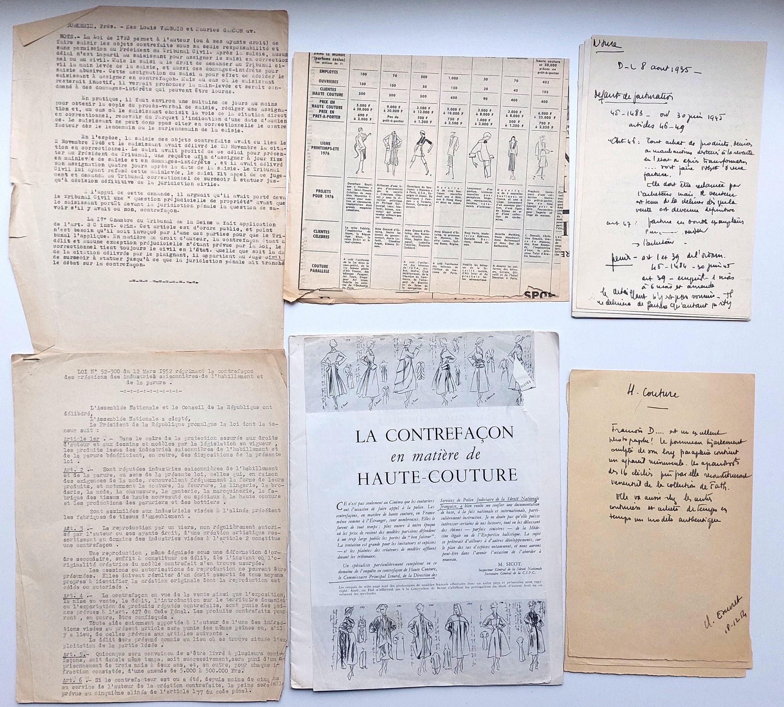 Petite archive de textes tapuscrits, notes manuscrites et photographies relative à la lutte contre la contrefaçon de haute couture en France. – Image 13