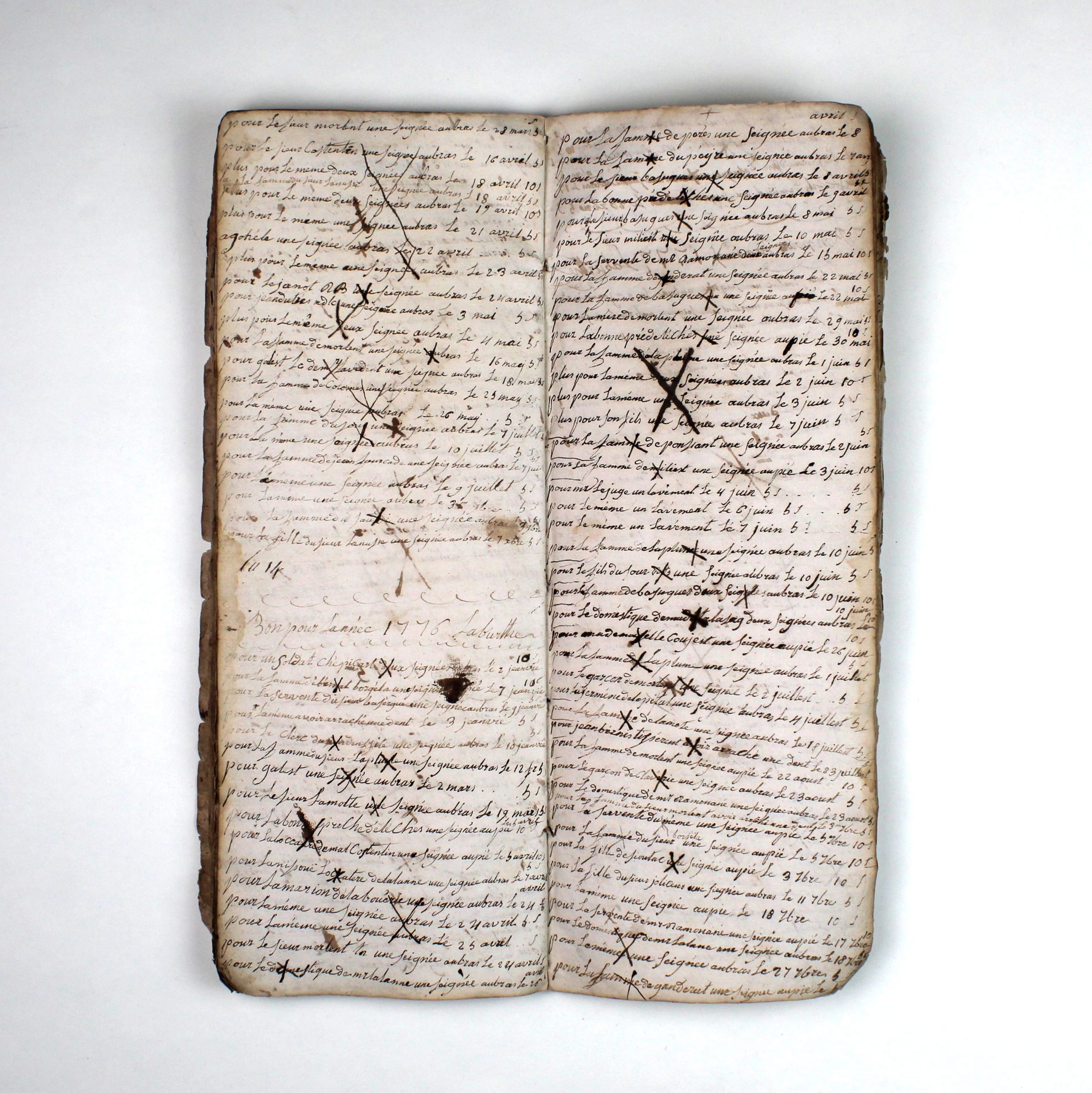 Registre des saignées et des soins prodigués par un chirurgien dans le sud-ouest de la France.