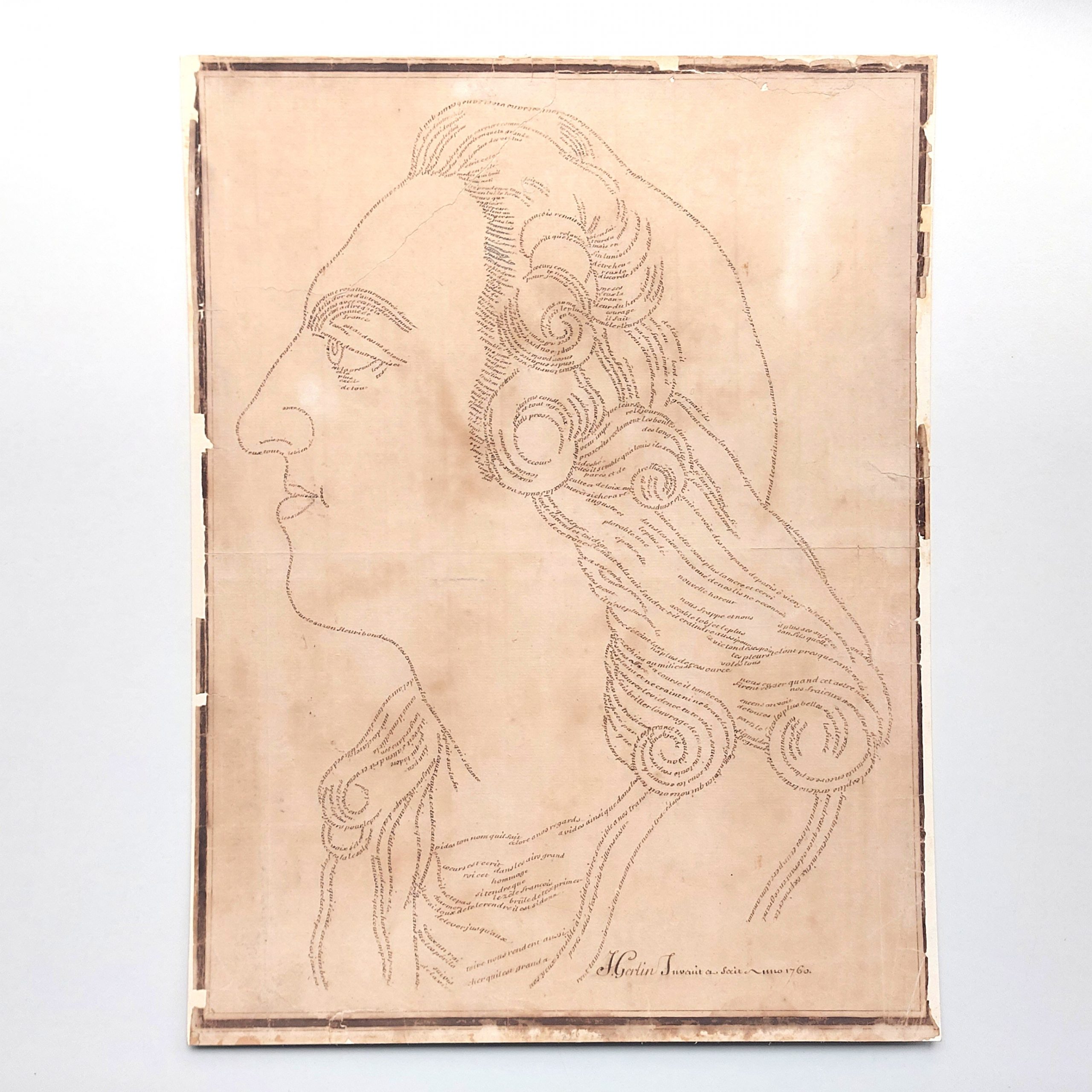 Portrait calligraphique de Louis XV réalisé à partir d'un poème du père Paul Renault à la gloire du roi.