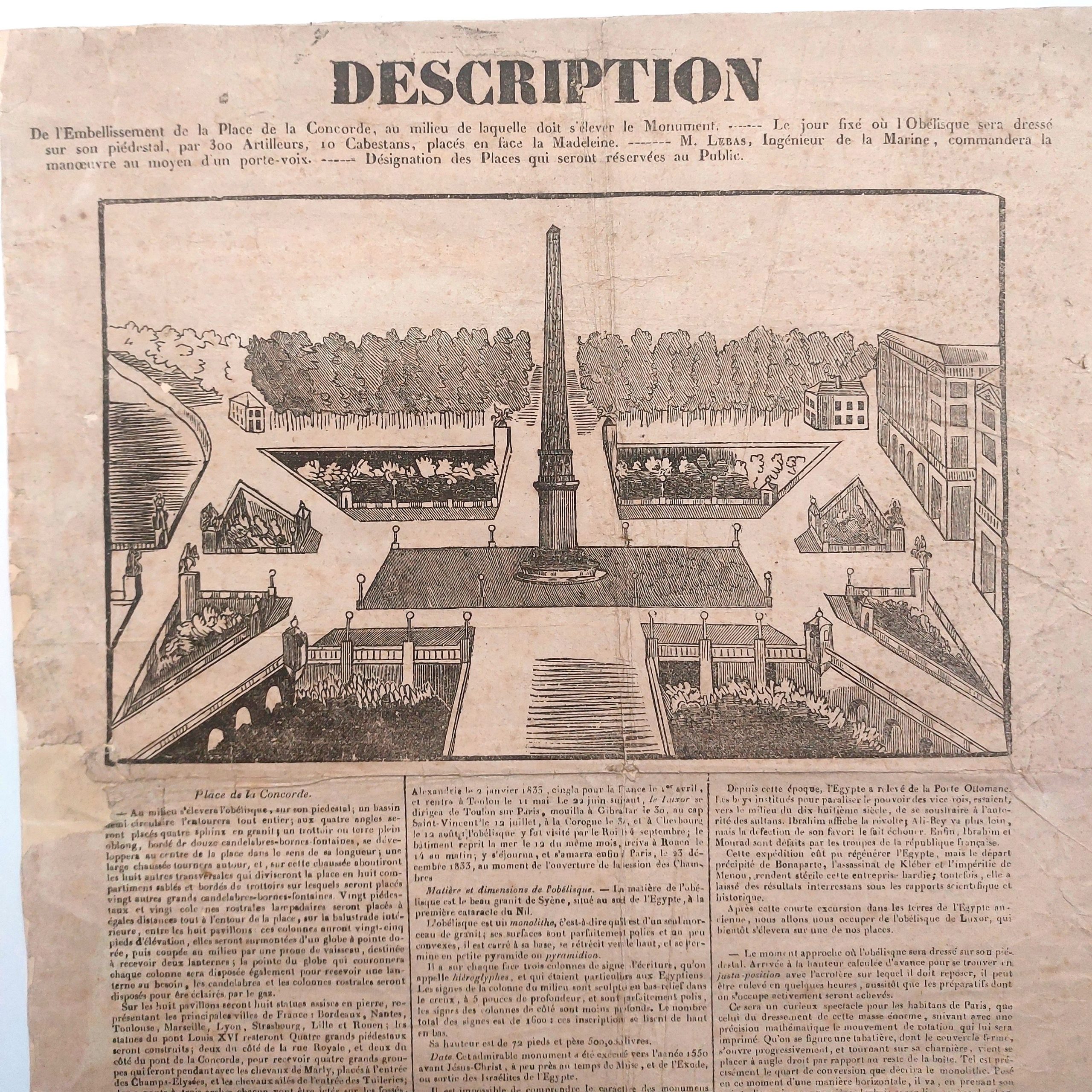 Description de l'embellissement de la Place de la Concorde, au milieu de laquelle doit s'élever le Monument - Le jour fixé où l'Obélisque sera dressé sur son piédestal, par 300 Artilleurs, 10 Cabestans, placés en face la Madeleine - M. Lebas, Ingénieur de la Marine, commandera la manœuvre au moyen d'un porte-voix - Désignation des Places qui seront réservées au Public. – Image 2