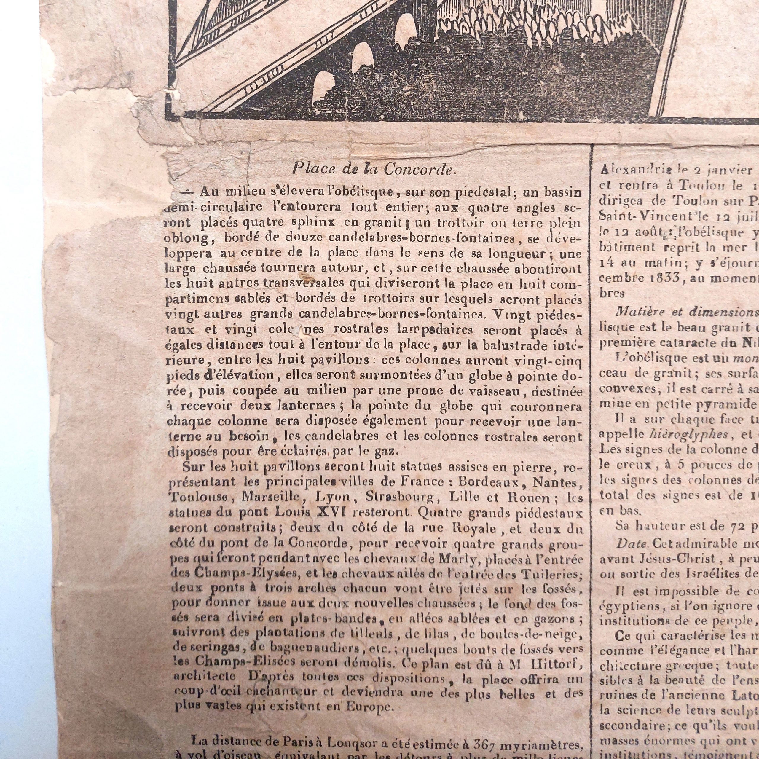 Description de l'embellissement de la Place de la Concorde, au milieu de laquelle doit s'élever le Monument - Le jour fixé où l'Obélisque sera dressé sur son piédestal, par 300 Artilleurs, 10 Cabestans, placés en face la Madeleine - M. Lebas, Ingénieur de la Marine, commandera la manœuvre au moyen d'un porte-voix - Désignation des Places qui seront réservées au Public. – Image 3