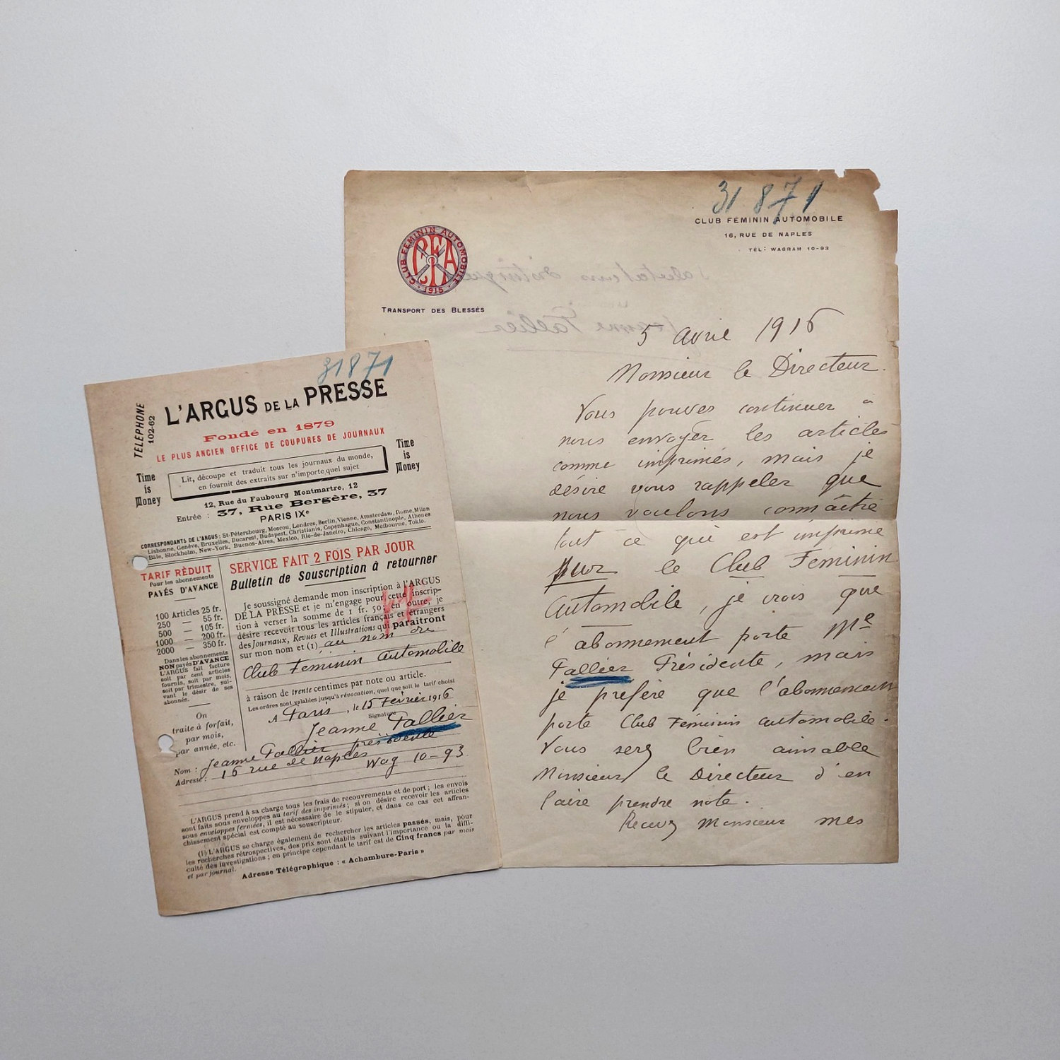 Ensemble de trois documents autographes de Jeanne Pallier concernant le Club féminin automobile et l'Argus de la Presse.