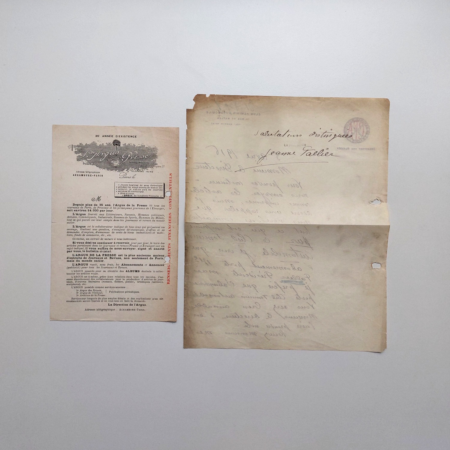 Ensemble de trois documents autographes de Jeanne Pallier concernant le Club féminin automobile et l'Argus de la Presse. – Image 2