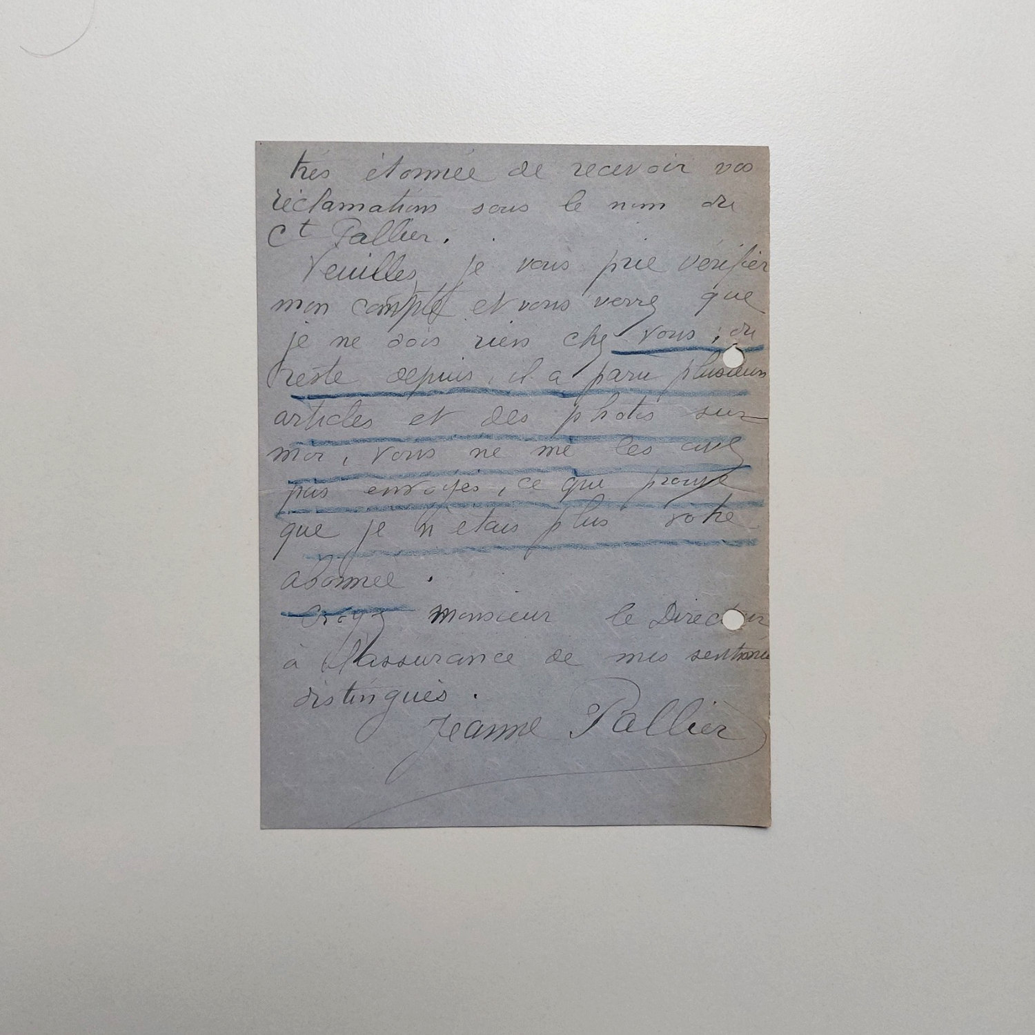 Ensemble de trois documents autographes de Jeanne Pallier concernant le Club féminin automobile et l'Argus de la Presse. – Image 4